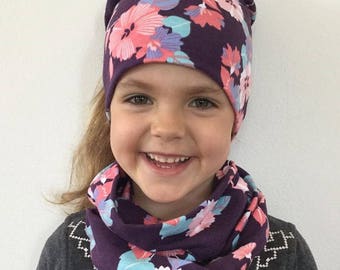 tuque extensible, slouchy, beanie, automne, printemps, chapeau, bonnet, bébé, enfant, fille, adulte, jersey, coton, spandex, mauve, fleurs